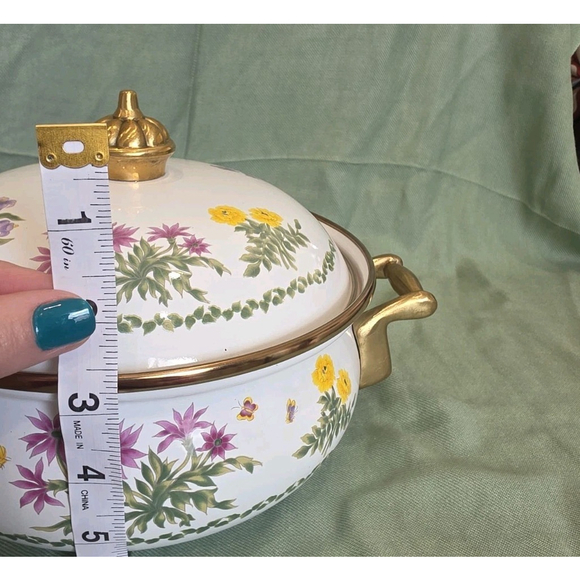 Vtg Lincoware Enamelware Brass Handles Dutch Oven Pot With Lid Flower Pattern - Picture 10 of 10